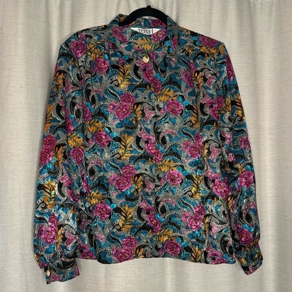 VINTAGE CRICKET LANE FLORAL SILK BLOUSE (M) - Picture 1 of 8